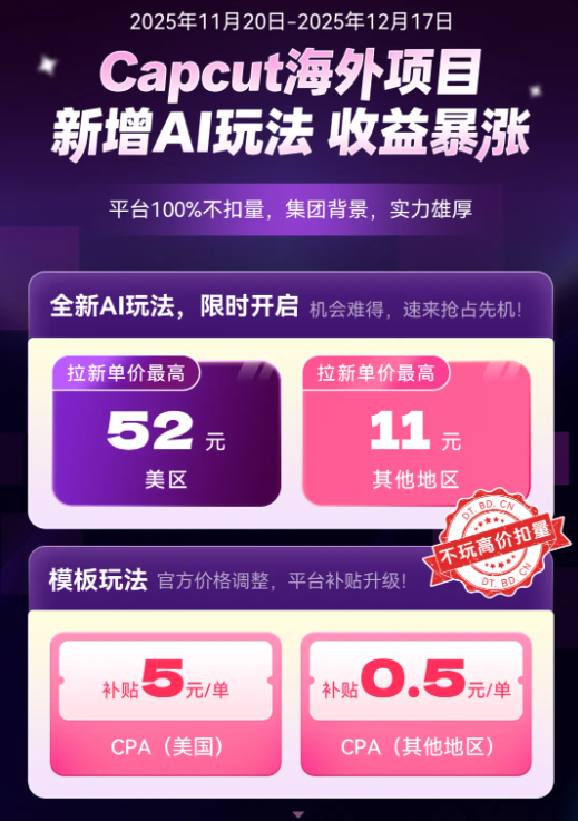 52元一单！CapCut海外拉新迎来“最强红利期”，不冲可惜！